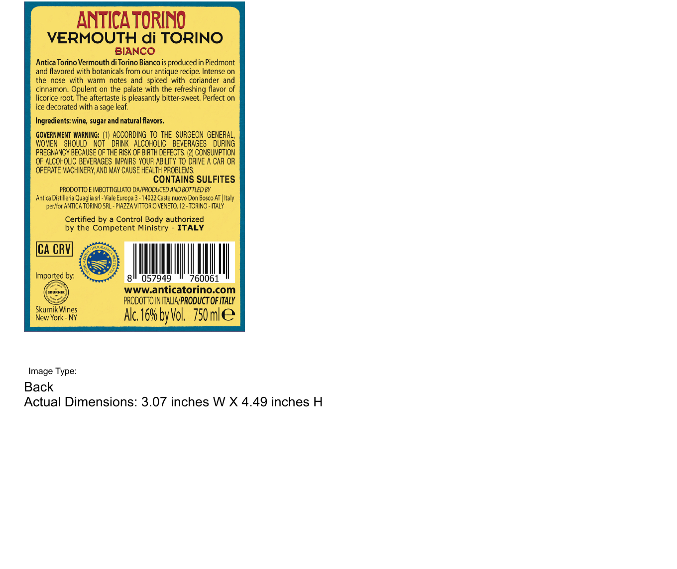 Front label artwork for ANTICA TORINO